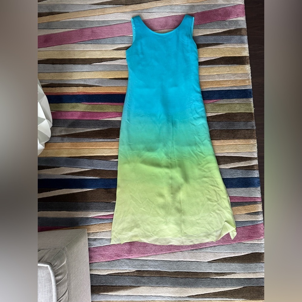 Kay Unger Ombre vintage Y2K Maxi Dress Size 6 Green Yellow Blue 100% silk